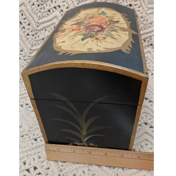 Vintage Hand Painted Floral Wooden Keepsake Chest Black Gold Jewelry Box 9.5in - Picture 10 of 11